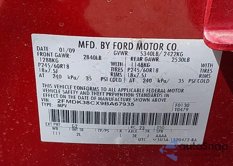 2009 Ford Edge Sel из США, поврежденный, VIN 2FMDK38CX9BA67935